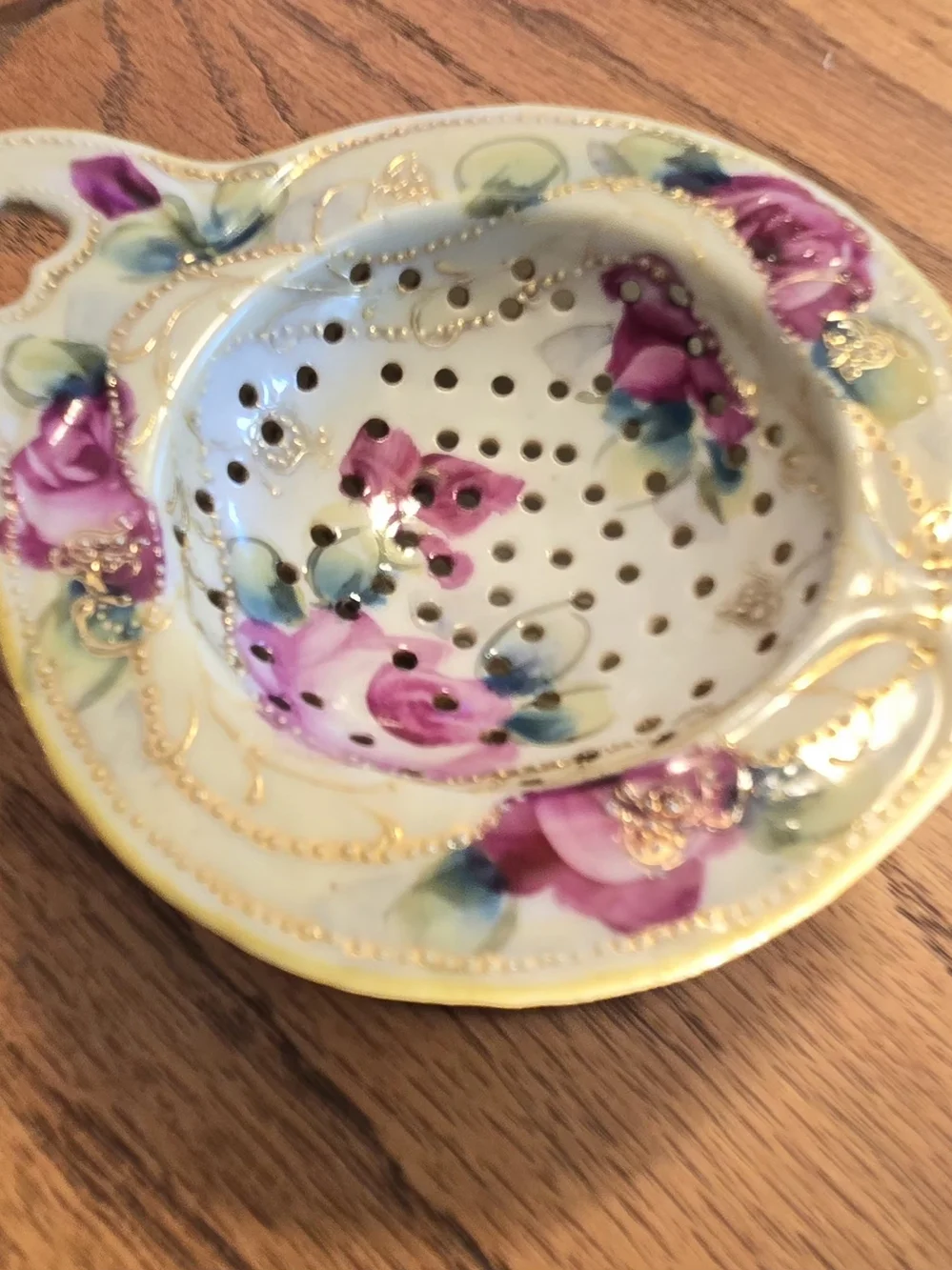 Vintage Porcelain Floral Tea Strainer and Drip Bowl - Pink Rose